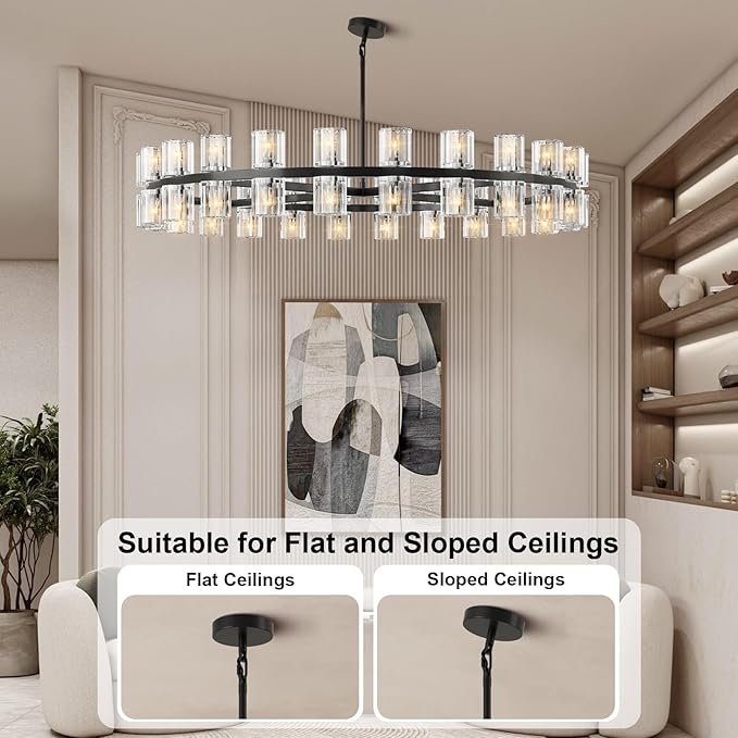 Modern 48 in Black Round Chandelier Light Fixture, Crystal Chandeliers for Dining Room, Living Room, Wagon Wheel Chandelier Over Table Chandeliers for Bedroom,Foyer,Includes 48xG4 Bulbs