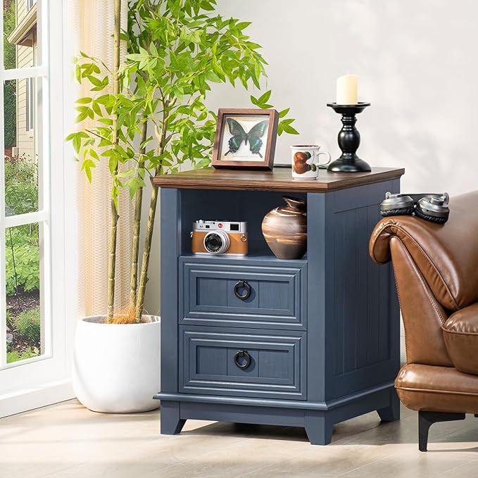 18" Farmhouse Night Stand with Charging Station, 2 Drawers End Table Dresser for Bedroom, Blue Wooden Nightstand, Bed Side Table with Open Shelf, Bedside Cabinet for Living Room, Closet