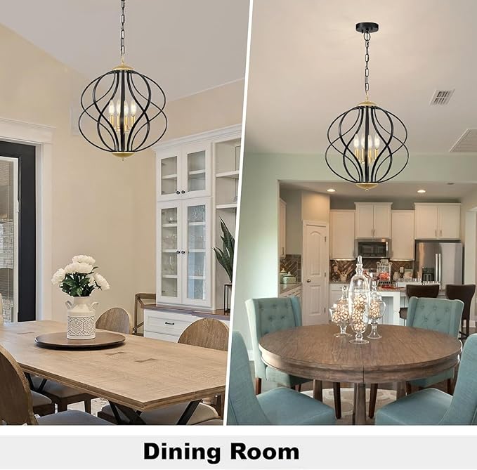 Modern Black and Gold Chandelier for Dining Room, 4 Lights Geometric Chandeliers, Sphere Chandelier Industrial Large Pendant Light Fixtures Hanging for Kitchen, Entryway, Foyer, Stairs