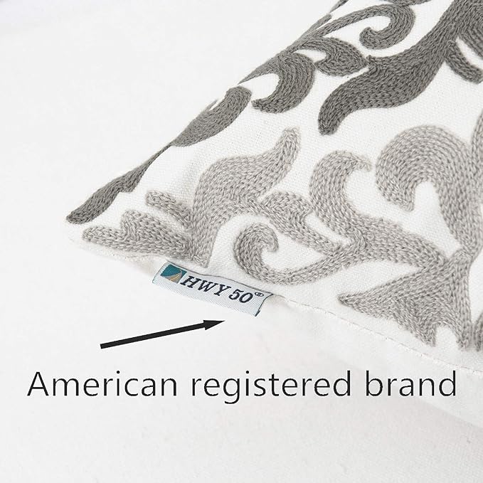 HWY 50 Grey Gray Decorative Throw Pillow Covers 18x18 Inch (1 Piece), Embroidered Cotton Farmhouse Cushion Cover Pillow Case for Sofa Couch Living Room Bed Bedroon, Floral Geometric