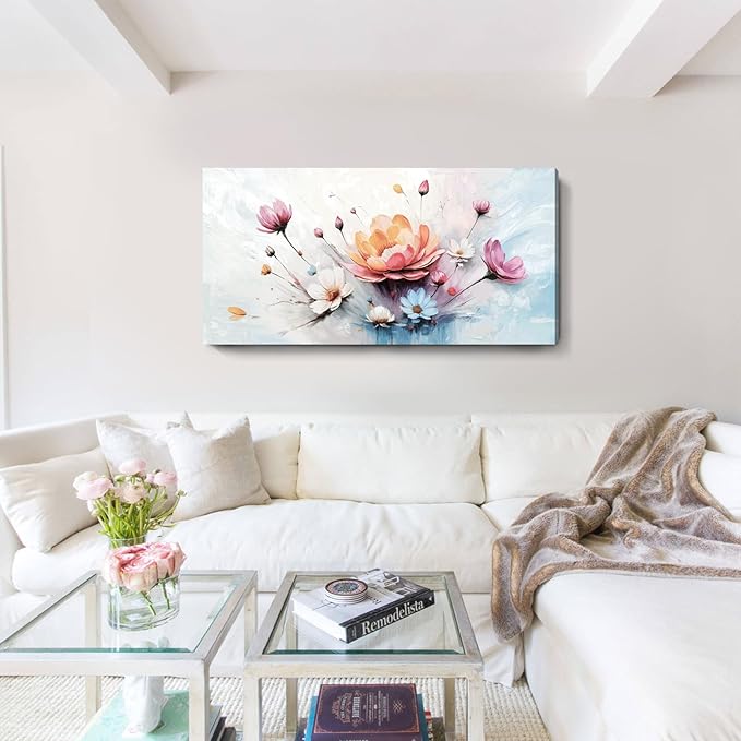 amatop Large Floral Wall Art – Modern Pink White and Blue Abstract Colorful Flower Bouquet Print Large Botanical Canvas Picture Nature Artwork Wall Decor for Living Room Bedroom Office 48x24 inch