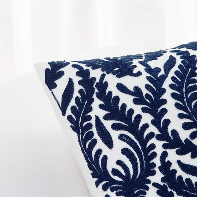HWY 50 Navy Blue Decorative Throw Pillow Covers 18x18 Inch, Pack of 2 Embroidered Cotton Farmhouse Cushion Cover Pillow Case for Sofa Couch Living Room Bed Bedroon, Accent Branches
