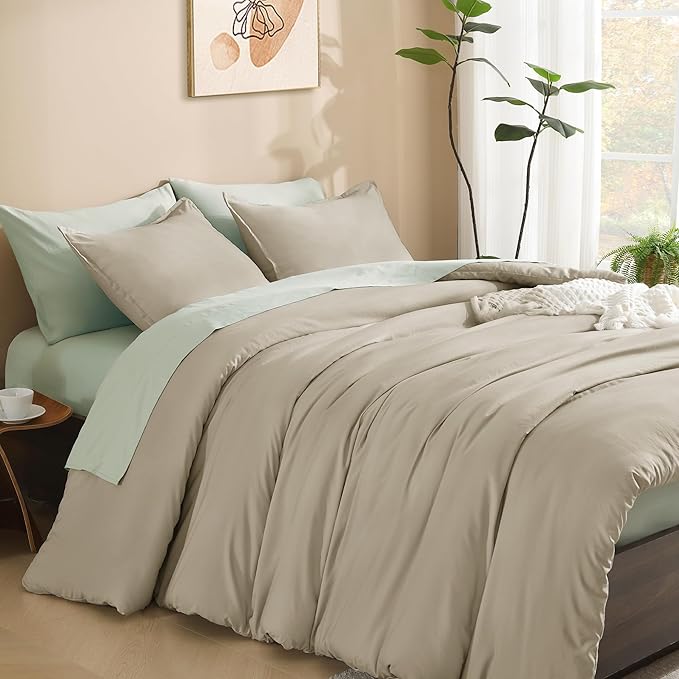 Litanika Oatmeal Comforter California King Size, 3 Pieces Cal King Lightweight Solid Bedding Comforter Set, All Season Fluffy Bed Set (104x96In Comforter & 2 Pillowcases)