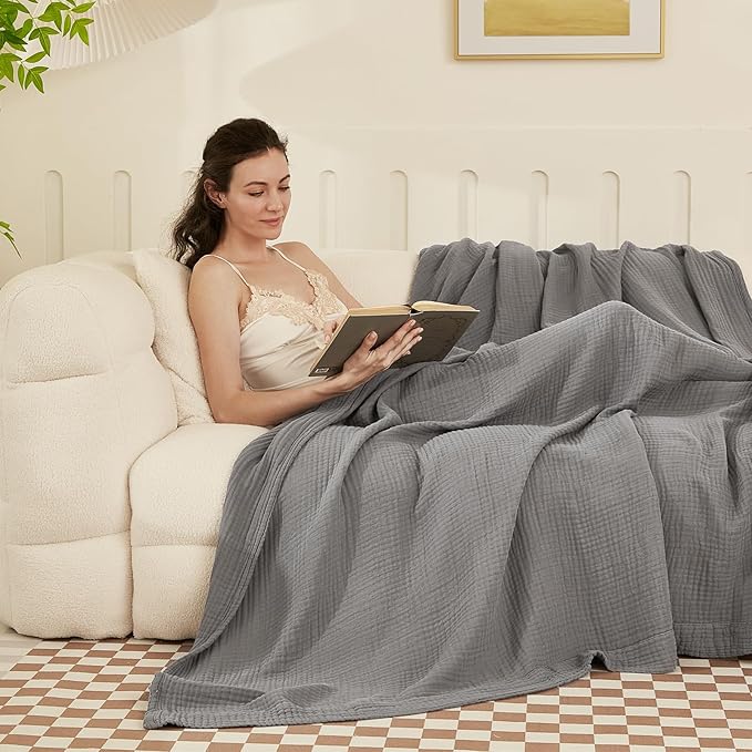 EMME Cotton Muslin Blanket King Size - Soft, Breathable Layering Blanket, 108"x90", All Season Gauze, Grey