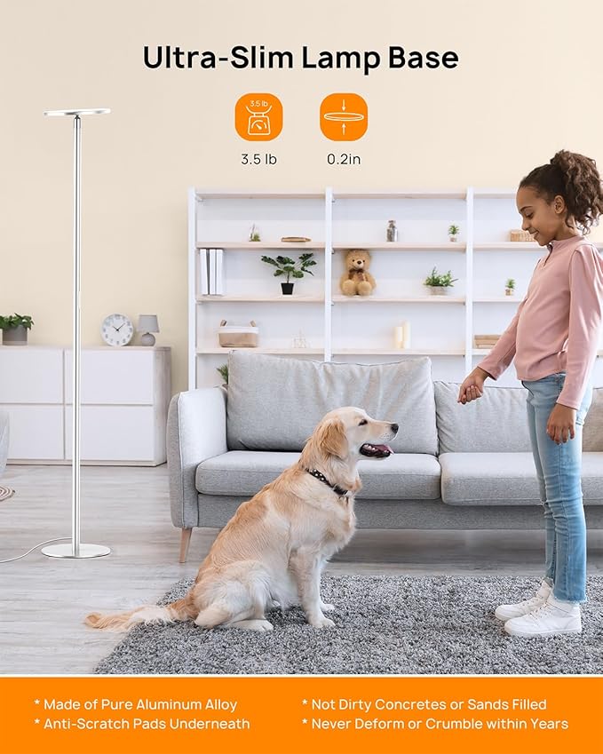 TROND Floor Lamp, 5000LM Super Bright Sky LED Modern Torchiere Standing Lamp, 3000K Warm White with 5-Level Dimmable, 71 in Tall Pole Light, 30-Minute Timer, Modular Rod, Wall Switch Compatible
