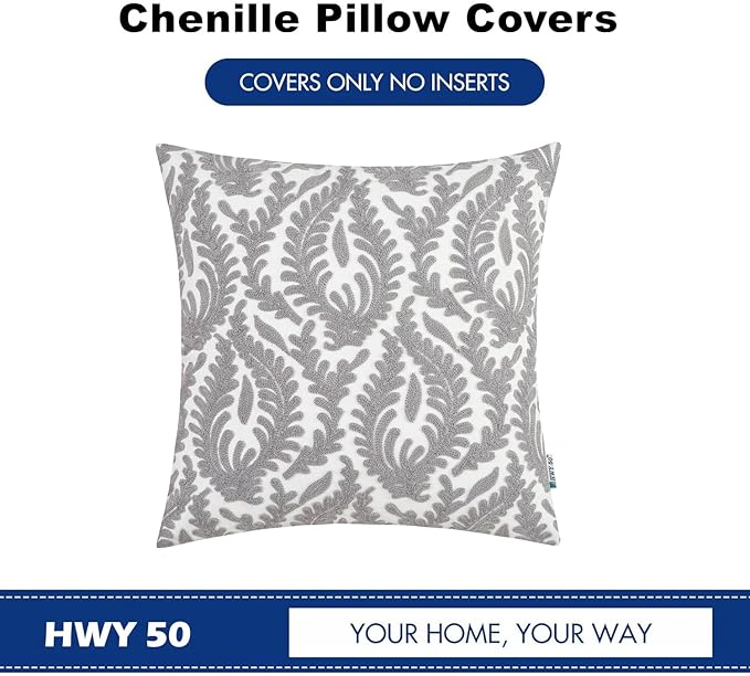 HWY 50 Grey Gray Decorative Throw Pillow Covers 18x18 Inch (1 Piece), Embroidered Cotton Farmhouse Cushion Cover Pillow Case for Sofa Couch Living Room Bed Bedroon, Floral Branches