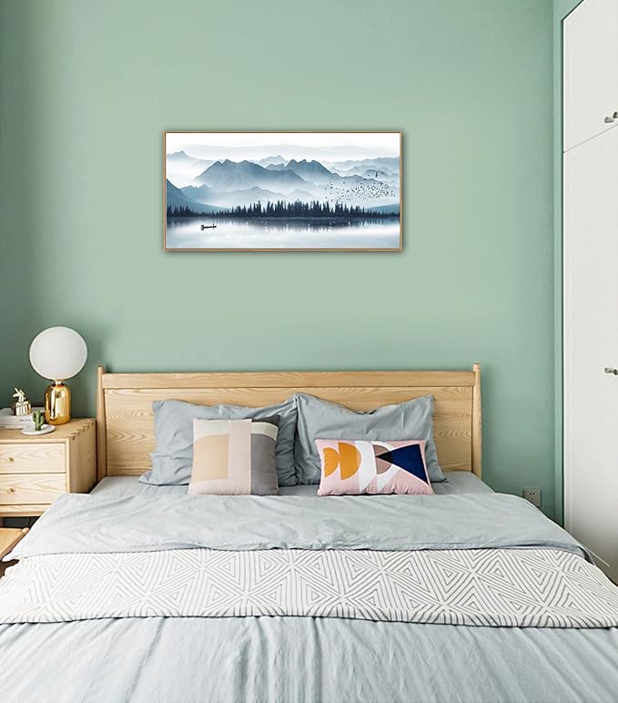 Indigo Framed Canvas Wall Art Misty Mountain Wall Pictures Foggy Lake Boat Canvas Painting Prints Forest Birds Canvas Wall Decor for Living Room Bedroom Decorations Framed 20" x 40" Natural