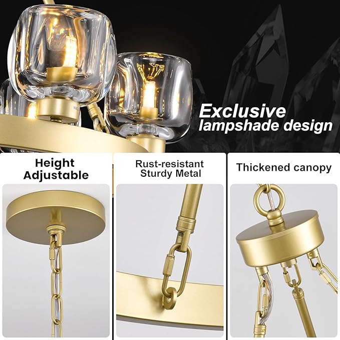 Gold Wagon Wheel Chandelier, 36 Inch Brass Chandeliers with Unique Glass Shade, 9-Light Crystal Farmhouse Wagon Wheel Chandeliers for Dining Room, Round Chandelier for Living Room, Foyer, Entryway