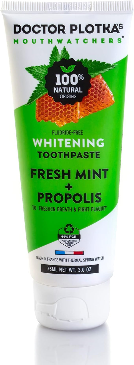 MOUTHWATCHERS Whitening Fluoride Free Naturally Sourced Toothpaste, 3 oz Tube, for Sensitive Teeth and Gums, Fresh Organic Mint and Propolis, by Dr. Plotka's