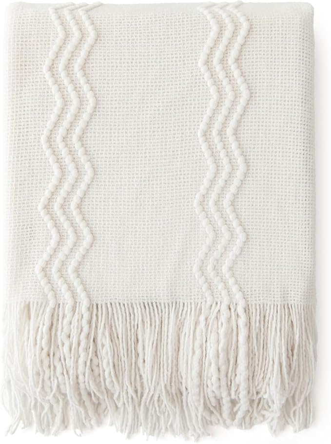 MIULEE Off White Knitted Throw Blanket for Couch Textured Knit Blanket with Tassels Cozy Woven Boho Bed Blanket for Sofa Bed Chair Acrylic Wave Pattern 50"x60"