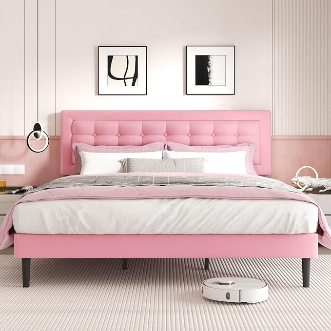 King Size Bed Frame with Headboard, Platform Bed Frame with Velvet Upholstered Button Tufted Headboard, Wood Slats Support, No Box Spring Needed, Mattress Foundation, Easy Assembly, Pink