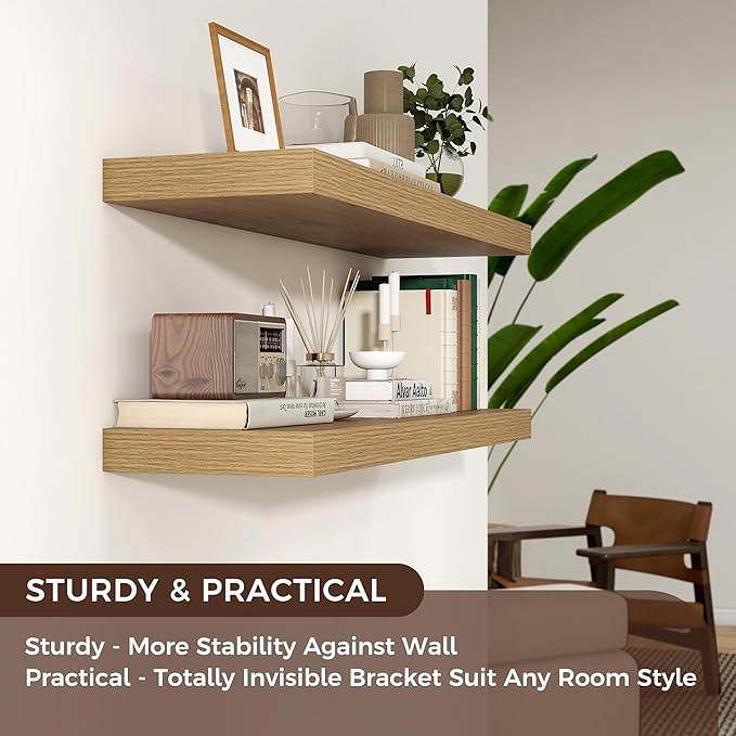 Floating Shelves for Wall, 2 Large Wall Mounted Shelves with Invisible Brackets, Long Wood Floating Wall Shelf Shelves for Living Room, Bedroom, Kitchen, (Oak, 36" W x 9" D x 1.5" H)