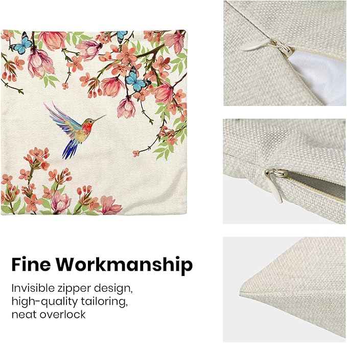 Hummingbird Flower Pillow Covers 20 x 20 Inch Set of 2 for Watercolor Floral and Birds Spring Blooming Decor Throw Pillows Nature Plant Outdoor Decorative Cushion Cases for Couch Bed Decoration