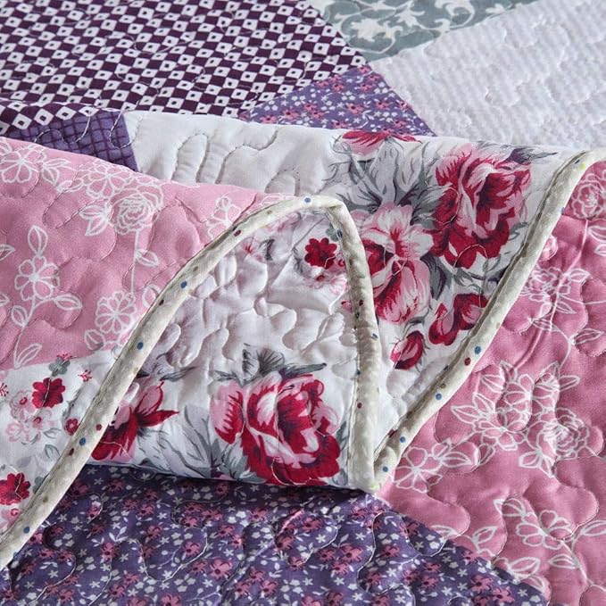 NEWLAKE Quilt Bedspread Sets-Floral Checkered Pattern Reversible Coverlet Set,Queen Size