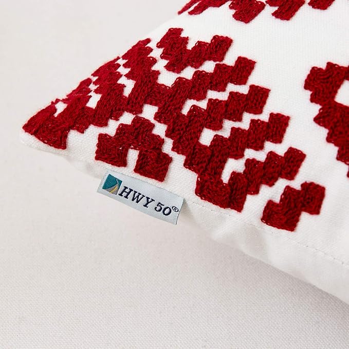 HWY 50 Red Decorative Throw Pillow Covers 18x18 Inch, Pack of 2 Embroidered Cotton Farmhouse Cushion Cover Pillow Case for Sofa Couch Living Room Bed Bedroon, Diamond Design