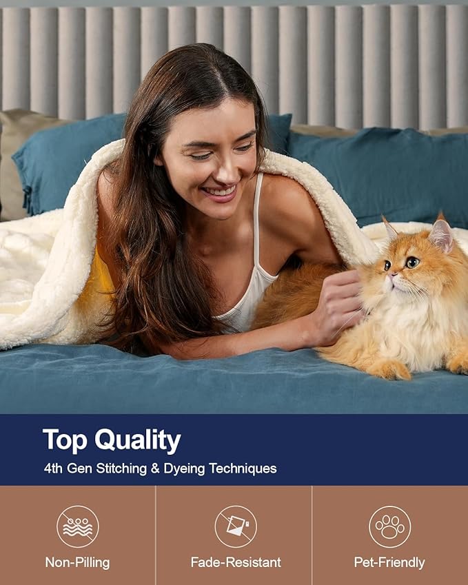 Pawque Super Soft Cozy Throw Blanket for Couch Bed - Fluffy Sherpa Fleece Reversible Thick Warm Fuzzy Blanket for All-Season, 3D Checkered Jacquard Elegant Decorative Blankets, Cream White, 50" x 60"