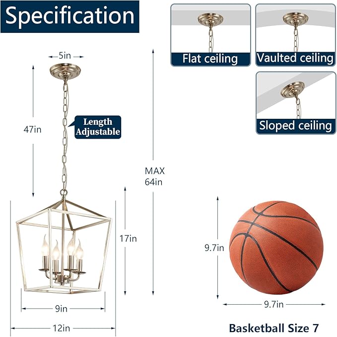 4-Light Brushed Nickel Farmhouse Chandelier, 12" Industrial Ceiling Light Lantern Pendant Light with Metal Cage Adjustable Height Rustic Hanging Light E12 Base for Kitchen Island Dining Room Entryway