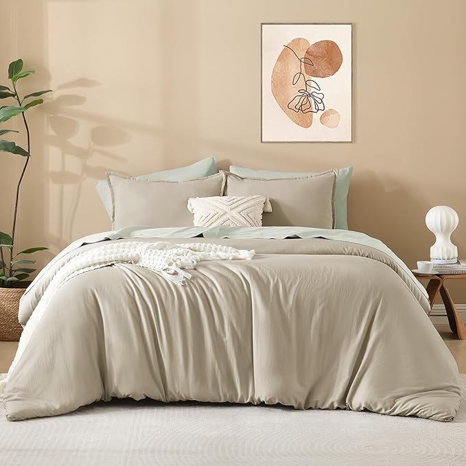 Litanika Oatmeal Comforter California King Size, 3 Pieces Cal King Lightweight Solid Bedding Comforter Set, All Season Fluffy Bed Set (104x96In Comforter & 2 Pillowcases)