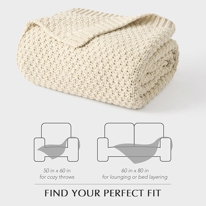 Chunky Chenille Knit Throw Blanket for Couch, Soft Luxurious Moss Stitch Blankets for Bed, Cozy Decorative Farmhouse Knitted Throws for Sofa, Beige, 50" x 60"