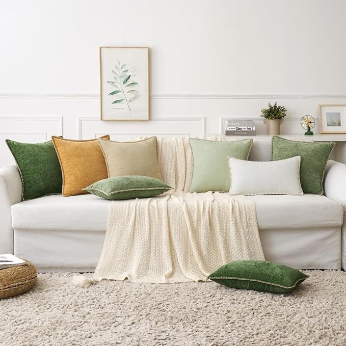 MIULEE Pack of 2 Couch Throw Pillow Covers 24x24 Inch Light Green Farmhouse Decorative Pillow Covers with Stitched Edge Soft Chenille Solid Dyed Spring Pillow Covers for Sofa Bed Living Room