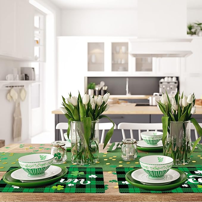 St. Patrick’s Day Placemats Set of 6 Buffalo Plaid Plastic Table Mats Lucky Shamrock Place Mats Blessed Holiday Table Decoration for Indoor Outdoor Party Kitchen Dining