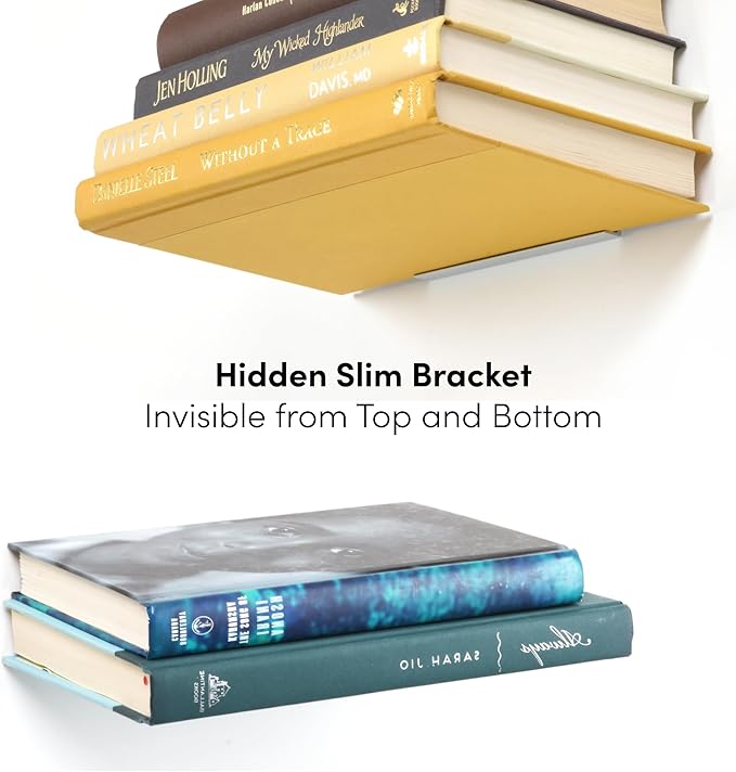 Floating Invisible Bookshelf Wall Mounted (Set of 4) - Aluminum - Turn Books into Floating Shelves