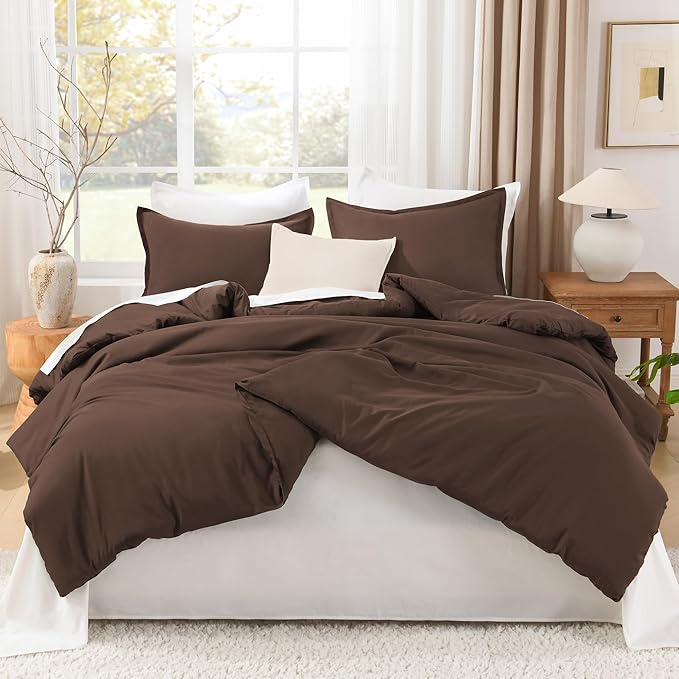 Litanika Brown Comforter Set King Size, 3 Pieces Lightweight Solid Bedding Comforter Set, All Season Fluffy Bed Set (104x90In Comforter & 2 Pillowcases)