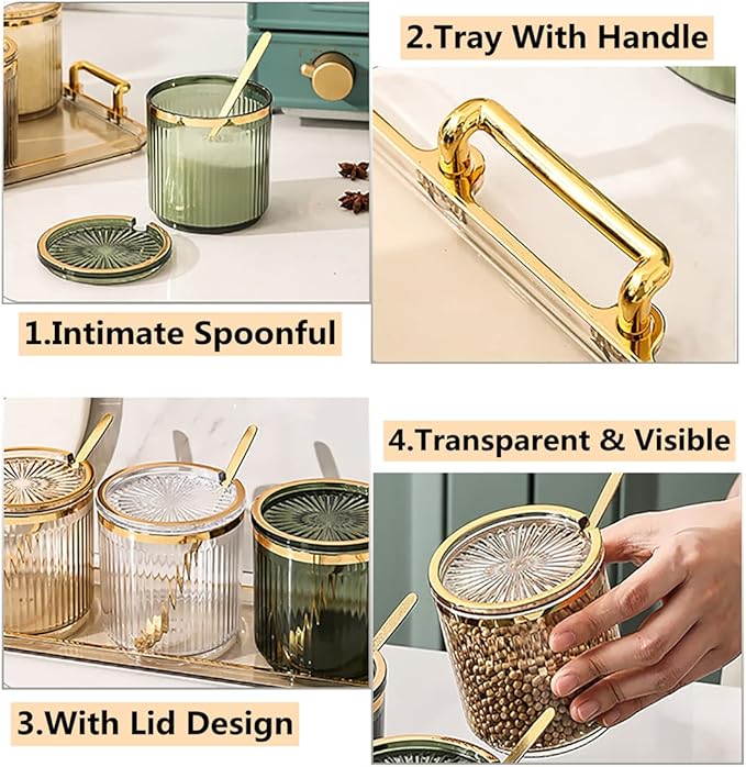 Acrylic Condiment Spice Jars,Condiment Spice Box With Lids and Spoons and Tray,Clear Plastic Condiment Canisters,Seasoning Box 4 Pack,Seasoning Box Set for Kitchen to Storage Salt,Paprika,Sugar