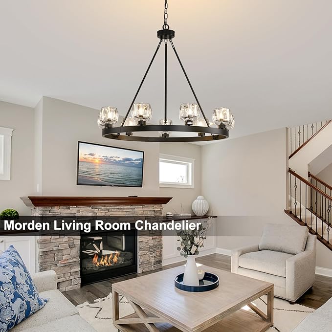 Black Wagon Wheel Chandelier, 36 Inch Black Chandeliers with Unique Glass Shade, 9-Light Crystal Farmhouse Wagon Wheel Chandeliers for Dining Room, Round Chandelier for Living Room, Foyer, Entryway