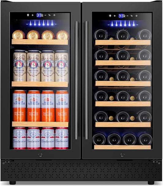 Tylza 30 Inch Wine and Beverage Refrigerator, Dual Zone Wine Beverage Cooler 30" with French Door, Under Counter Wine Beer Fridge Built-In or Freestanding, Holds 29 Bottles and 110 Cans, Black