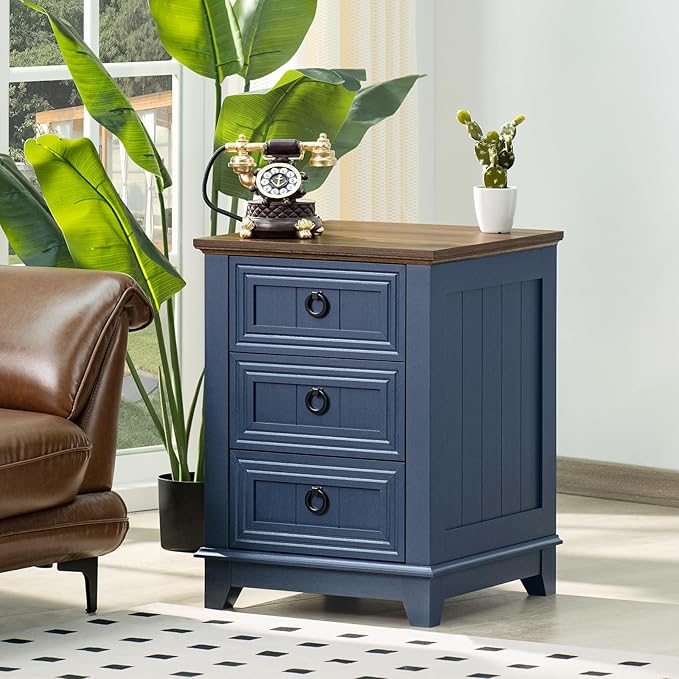 Night Stand Set of 2, Farmhouse 18" End Table with 3 Drawer Metal Handle, Dresser for Bedroom, Sofa Bed Side Table Chest of Drawers,Wood Nightstand Cabinet for Organizer, Living Room-Blue