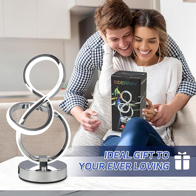 Modern Table Lamp, LED Bedside lamp with USB C+A Ports, Touch Stepless Dimmable Nightstand lamp, Unique Spiral Table lamp for Bedroom Living Room Home Office, LED Spiral lamp, Silver