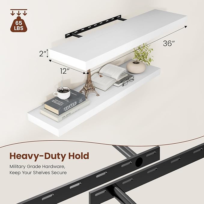 White Floating Shelves for Wall, 36 Inch X 12 Deep Shelves for Room Wall Mounted，2" Thick Heavy Duty Holds 65lbs Floating Shelf for Bedroom Bathroom Kitchen Laundry Room, Set of 2