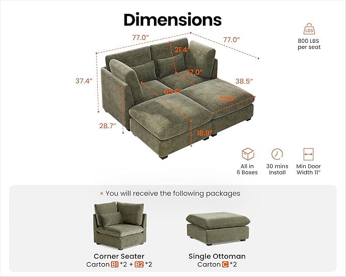 Oversized Modular Sofa, Extra Deep Cloud Chenille Sectional Couch with Ottoman Chaise, Fluffy Chenille 2 Seater Sofa Bed for Living Room, Villa (Sofa Bed 4 Seater, Chenille Green)