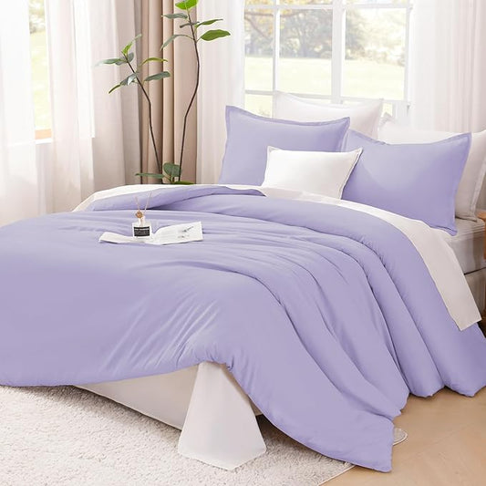 Litanika Lavender Purple Comforters Queen Size, 3 Pieces Lightweight Solid Bedding Comforter Set, All Season Fluffy Bed Set (90x90In Comforter & 2 Pillowcases)