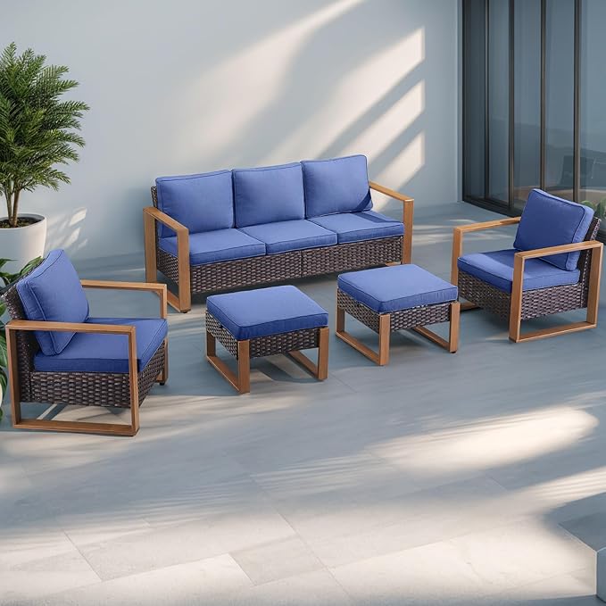 Outdoor Wicker Patio Furniture Set - 5 Piece Patio Conversation Set with 2 Wicker Armrest Chairs,2 Rattan Ottoman and 1 Couch,Sturdy Frame,Thick Cushions,Deep Seating(Brown/Blue)