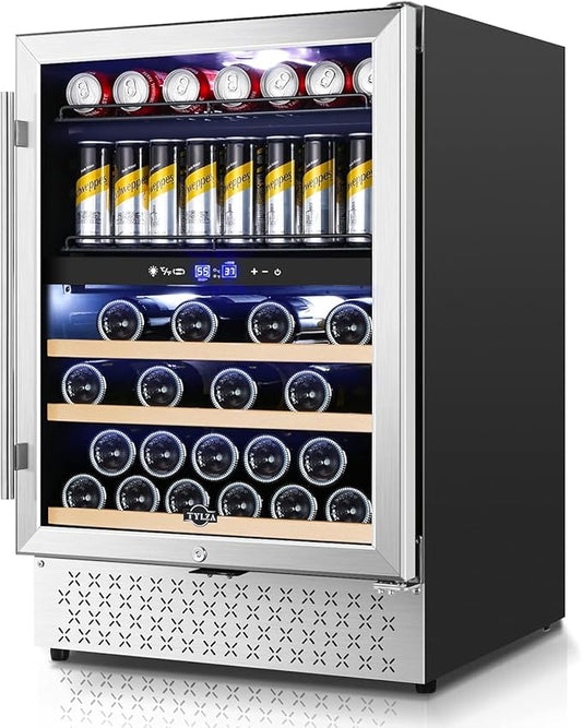 Tylza Dual Zone Wine Fridge, 24 Inch Wine and Beverage Refrigerator Built-in or Freestanding, Wine Beer Fridge Under Counter, Wine Cellar with Stainless Steel and Temperature Memory Function