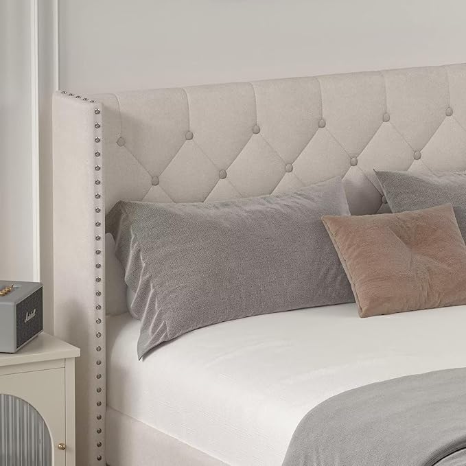 Queen Size Bed Frame with LED Lights, Upholstered Bed Frame with Wingback Diamond Tufted Headboard, Wood Slats Support, Noise-Free, Easy Assembly, No Box Spring Needed, Beige