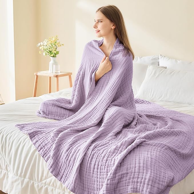 EMME Cotton Blanket Twin XL for Bed Soft Muslin Blankets 66"x90" Lightweight Breathable Layering Bedspread Coverlet All Season Gauze, Lavender