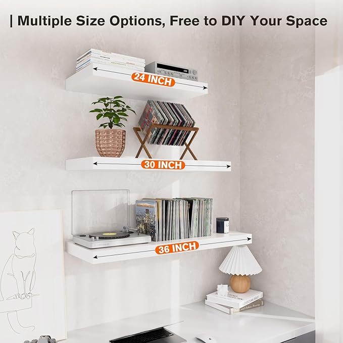 Large Floating Shelves for Wall Set of 3 Wooden Wall Shelves 24 in x 12.75 in x 2 in Room Decor Long Shelf with Invisible Wall Mount Bracket for Bedroom Kitchen Living Room White