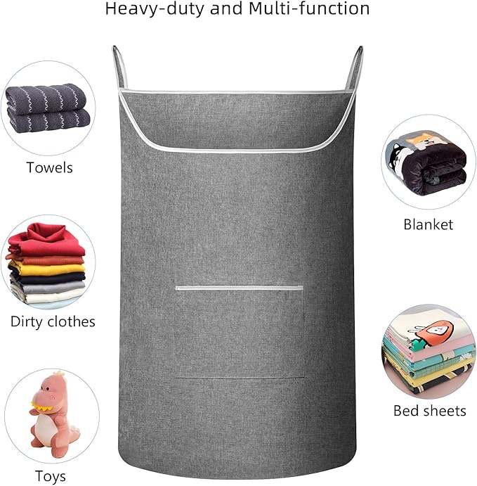 X-Large Hanging Laundry Hamper Bag, Door Hanging Hamper with Front Pocket Dirty Clothes Hanging Laundry Bag Large Size 35X22 inch Door Laundry Basket (Grey)