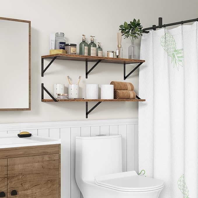 36"W x 10"D Floating Shelves, 10 Inch Deep Floating Shelves, Farmhouse Rustic Deep Wall Shelves for Home Decor, Wide Large Floating Shelf for Bathroom, Living Room, Kitchen, Study Room, Rustic Brown