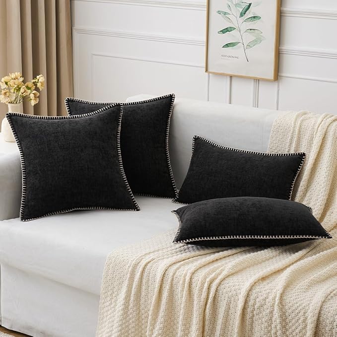 MIULEE Pack of 2 Couch Throw Pillow Covers 12x20 Inch Black Farmhouse Decorative Pillow Covers with Stitched Edge Soft Chenille Solid Dyed Spring Pillow Covers for Sofa Bed Living Room