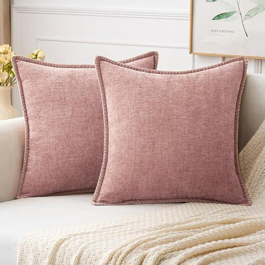 MIULEE Pack of 2 Couch Throw Pillow Covers 24x24 Inch Blush Pink Farmhouse Decorative Pillow Covers with Stitched Edge Soft Chenille Solid Dyed Spring Pillow Covers for Sofa Bed Living Room