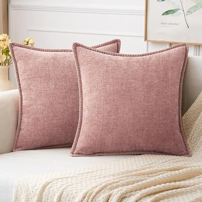 MIULEE Pack of 2 Couch Throw Pillow Covers 20x20 Inch Blush Pink Farmhouse Decorative Pillow Covers with Stitched Edge Soft Chenille Solid Dyed Spring Pillow Covers for Sofa Bed Living Room