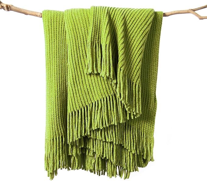 lifein Throw Blanket for Couch, Soft Green Boho Decor Bed Throw,Cozy Knitted Chenille Small Farmhouse Lightweight Throw for Spring(Green,50 * 60")
