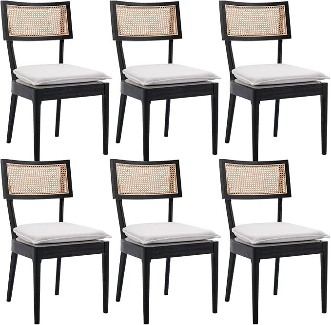 Rattan Dining Chairs Set Of 6 , Mid Century Modern Black Wooden Cane Back Chairs with Removable Linen Cushion , Retro Farmhouse Upholstered Kitchen & Dining Room Chairs for Restaurant Living Room