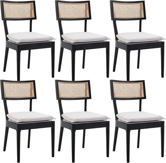 Rattan Dining Chairs Set Of 6 , Mid Century Modern Black Wooden Cane Back Chairs with Removable Linen Cushion , Retro Farmhouse Upholstered Kitchen & Dining Room Chairs for Restaurant Living Room