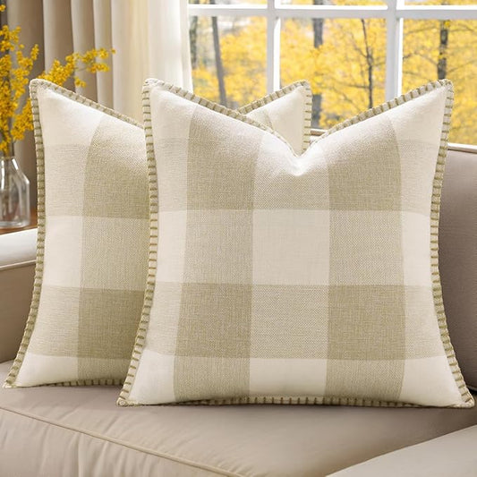 decorUhome Buffalo Plaid Check Fall Throw Pillow Covers 16x16 Set of 2, Outdoor Decorative Farmhouse Pillow Covers with Stitched Edge for Bed Couch Sofa, Cream White and Beige