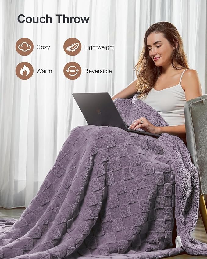 Pawque Super Soft Cozy Throw Blanket for Couch Sofa Bed - Fluffy Sherpa Fleece Reversible Thick Warm Fuzzy Blanket for All-Season, 3D Checkered Jacquard Elegant Decorative Blankets, Purple, 50" x 60"